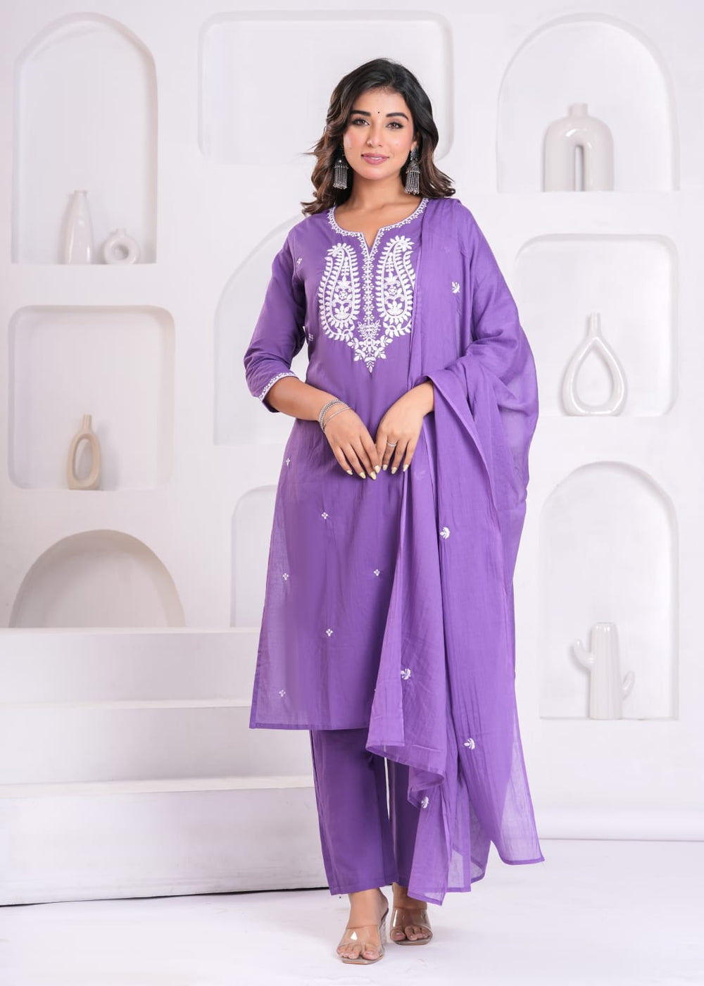 Elegant Hand-Embroidered Cotton Kurta Set with Dupatta