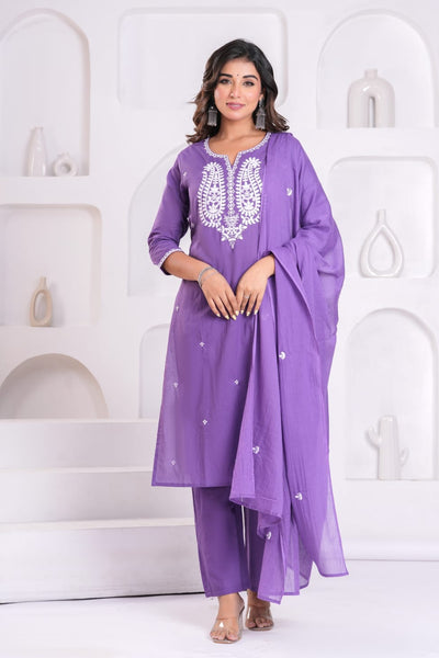 Elegant Hand-Embroidered Cotton Kurta Set with Dupatta