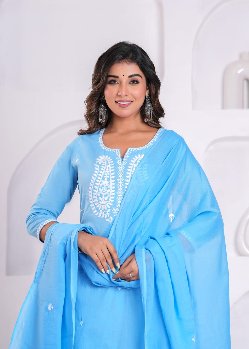 Elegant Hand-Embroidered Cotton Kurta Set with Dupatta