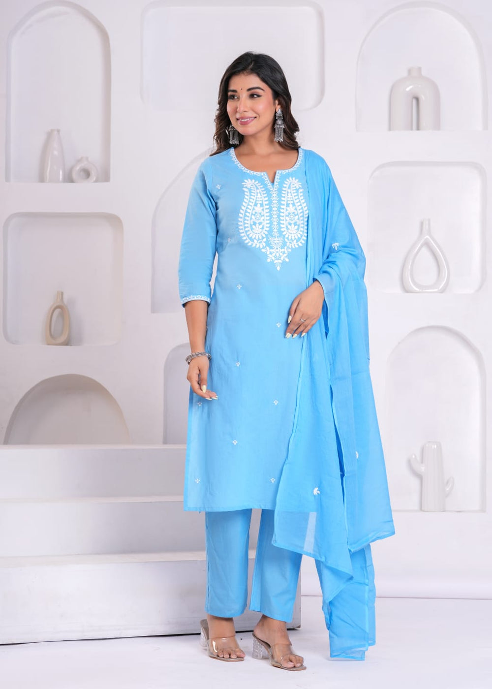 Elegant Hand-Embroidered Cotton Kurta Set with Dupatta
