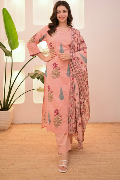 Floral Printed Cotton Kurta Set with Dupatta
