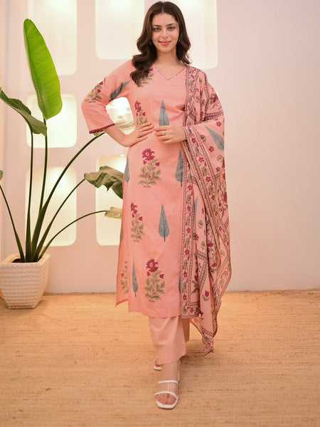 Floral Printed Cotton Kurta Set with Dupatta