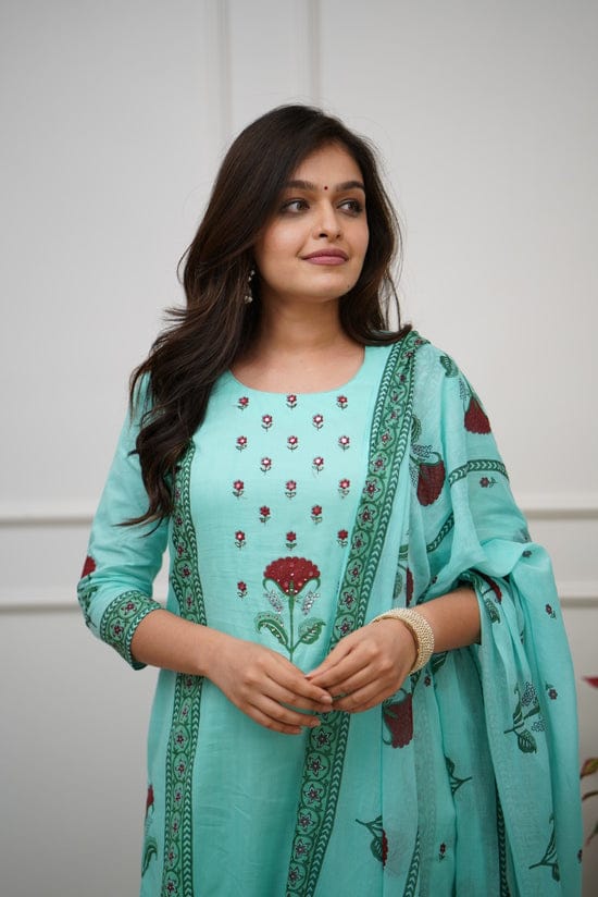 Floral Block Print Cotton Suit Set with Dupatta