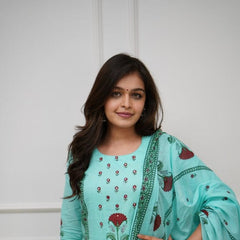 Floral Block Print Cotton Suit Set with Dupatta