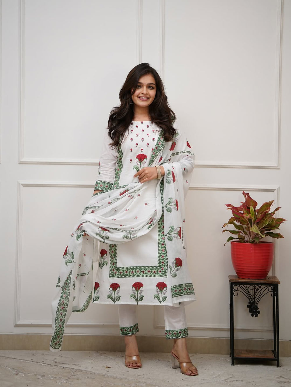 Floral Block Print Cotton Suit Set with Dupatta
