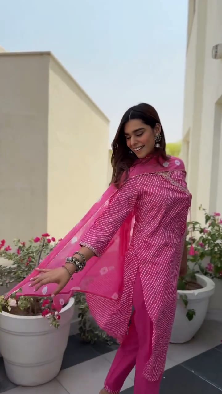 Pink Bandhani Printed Kurta Set with Pants & Dupatta
