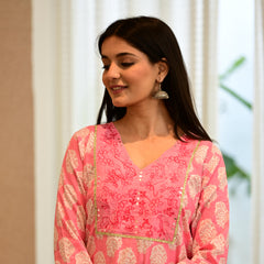 Elegant Handblock Style Cotton Kurta Pant Dupatta Set