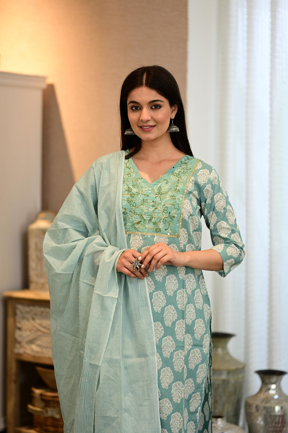 Elegant Handblock Style Cotton Kurta Pant Dupatta Set