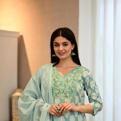 Elegant Handblock Style Cotton Kurta Pant Dupatta Set