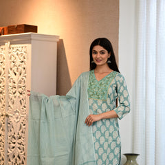 Elegant Handblock Style Cotton Kurta Pant Dupatta Set