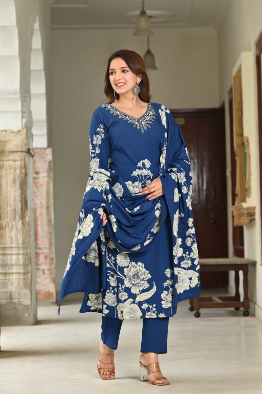 Floral Print Cotton Kurta Pant Set with Dupatta
