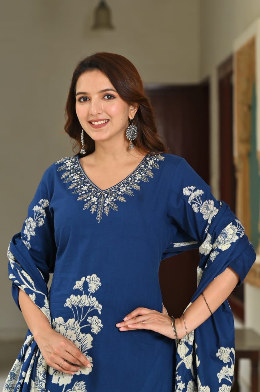 Floral Print Cotton Kurta Pant Set with Dupatta