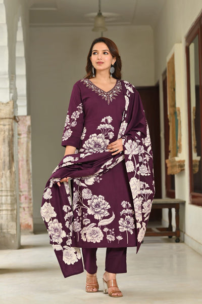 Floral Print Cotton Kurta Pant Set with Dupatta