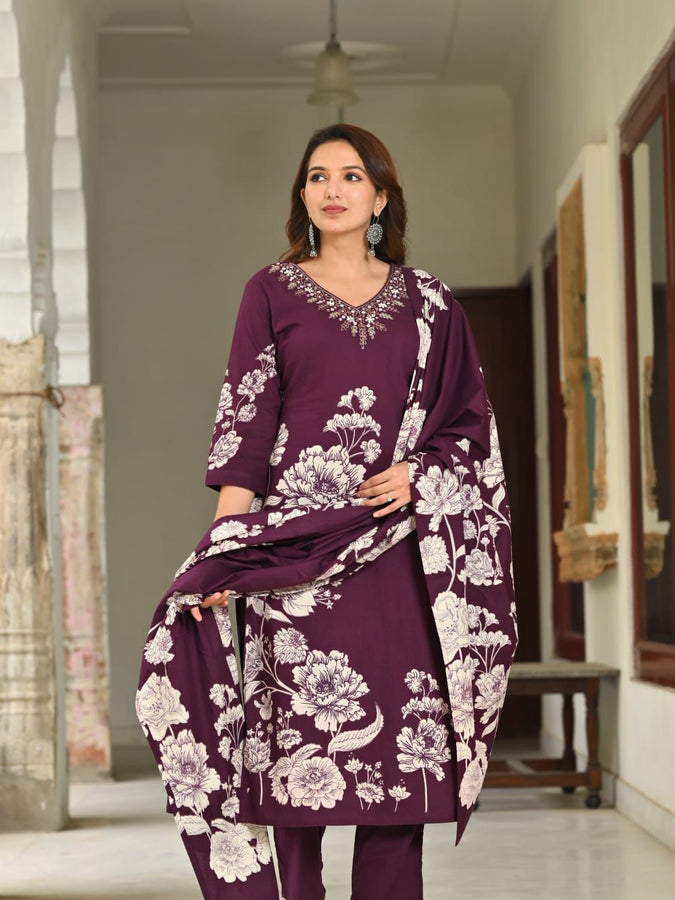 Floral Print Cotton Kurta Pant Set with Dupatta