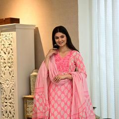Elegant Handblock Style Cotton Kurta Pant Dupatta Set