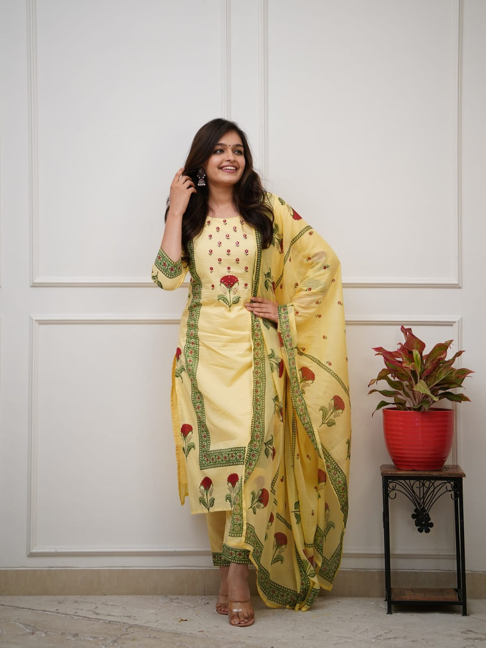 Floral Block Print Cotton Suit Set with Dupatta