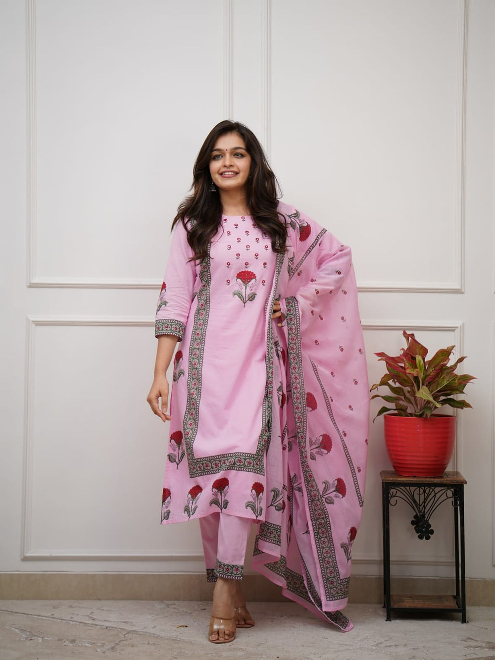 Floral Block Print Cotton Suit Set with Dupatta