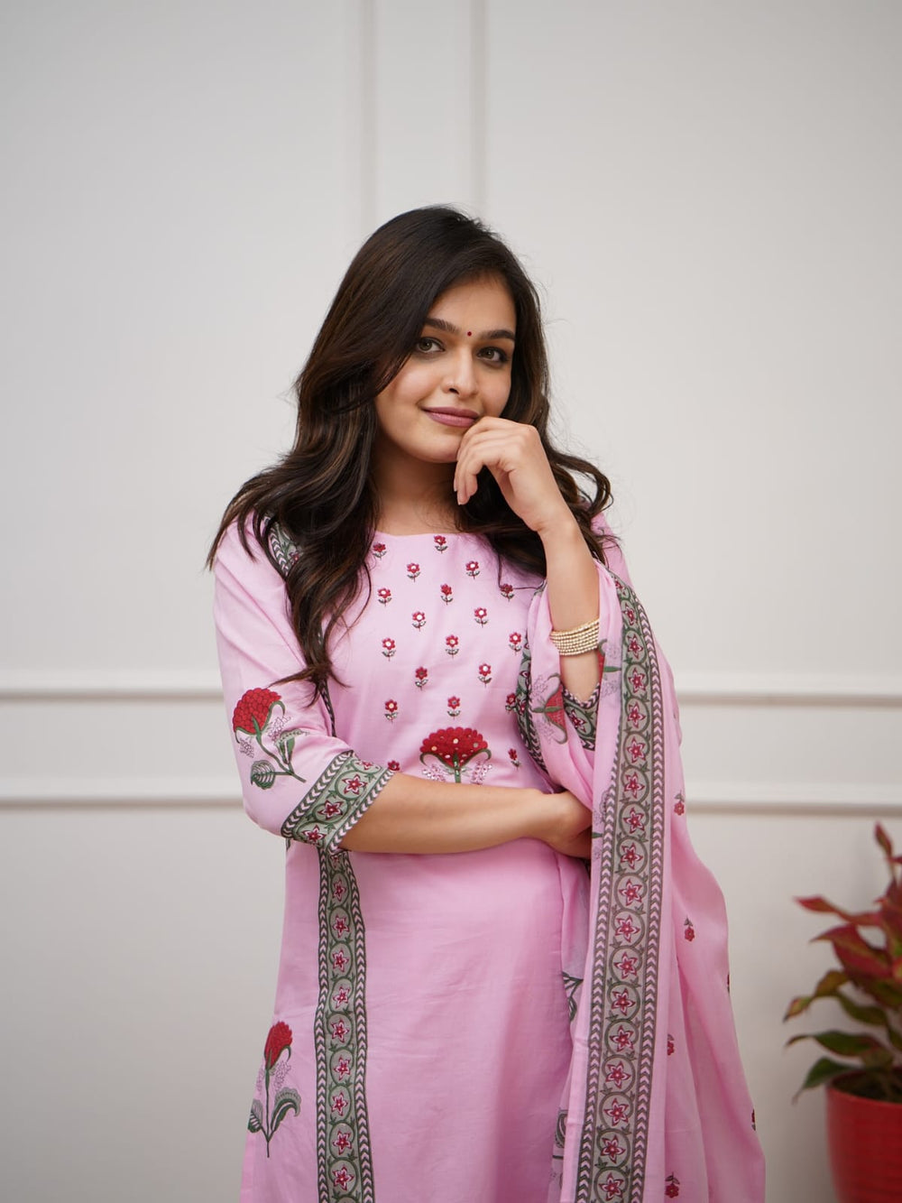 Floral Block Print Cotton Suit Set with Dupatta