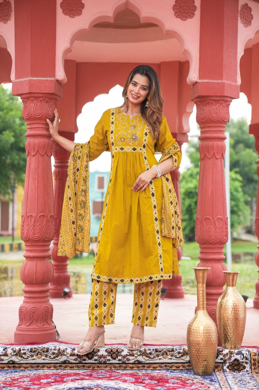 Embroidered Kurta Pant Set with Printed Dupatta