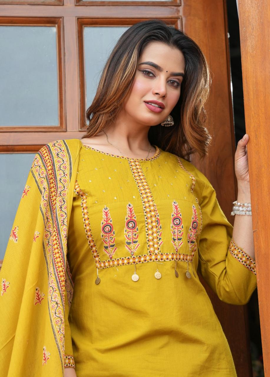 Embroidered Kurta Pant Set with Printed Dupatta