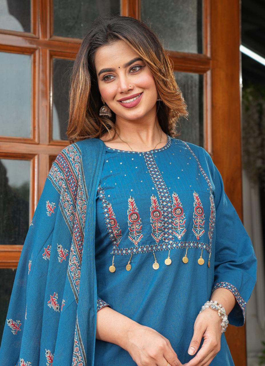 Embroidered Kurta Pant Set with Printed Dupatta