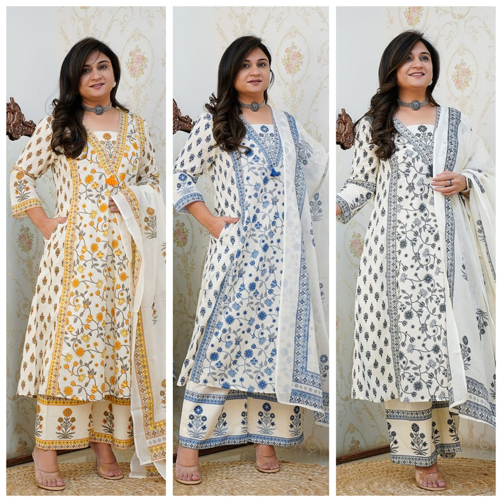 Elegant Cotton Floral Print Kurti Pant Set with Dupatta