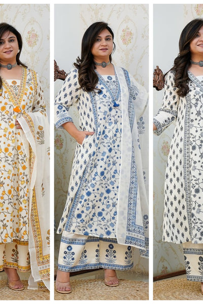 Elegant Cotton Floral Print Kurti Pant Set with Dupatta