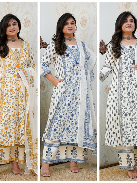 Elegant Cotton Floral Print Kurti Pant Set with Dupatta