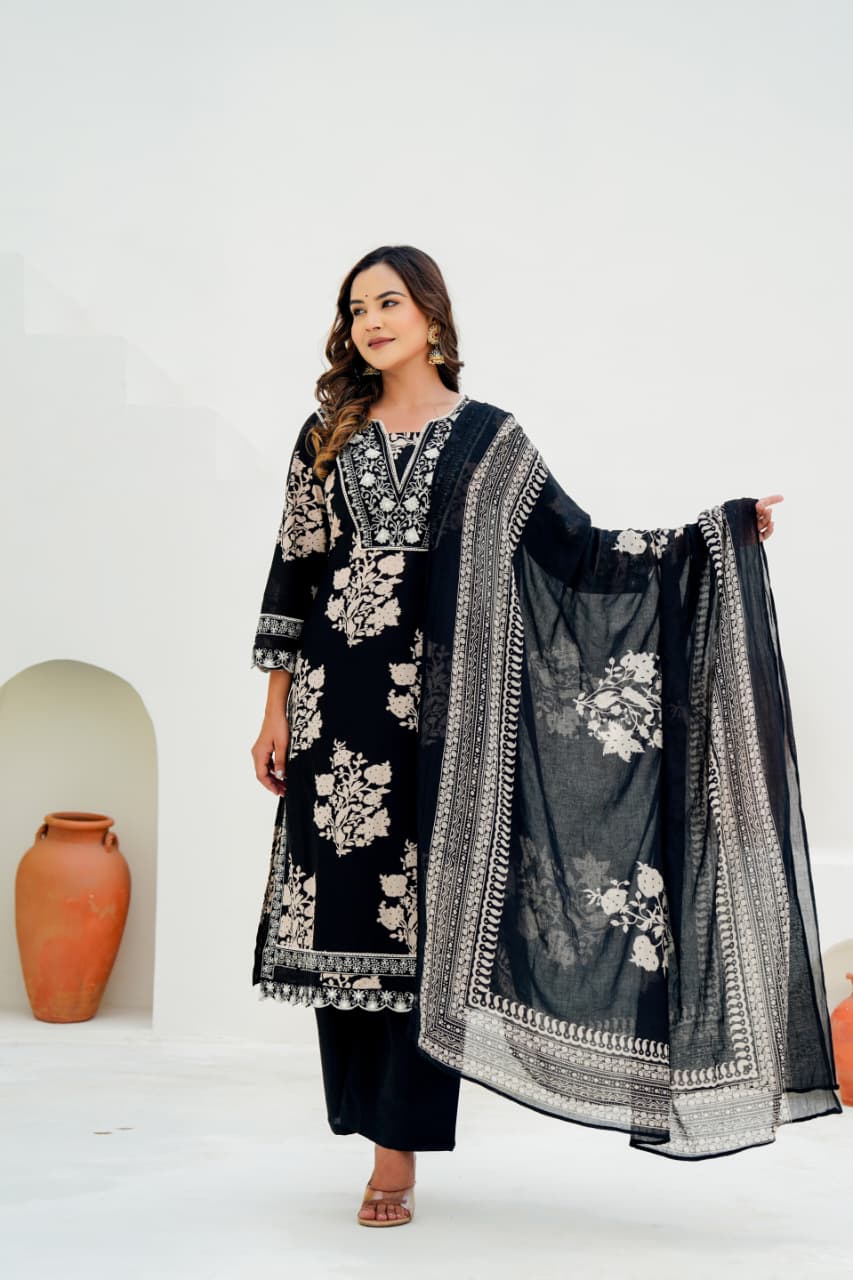 Pure Cotton Sequin Embroidered Kurti Set with Dupatta