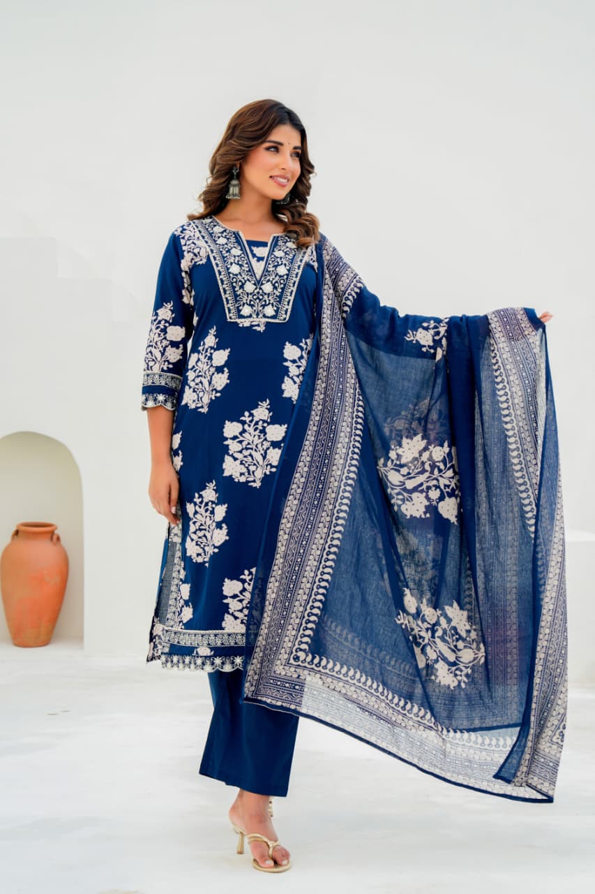 Pure Cotton Sequin Embroidered Kurti Set with Dupatta