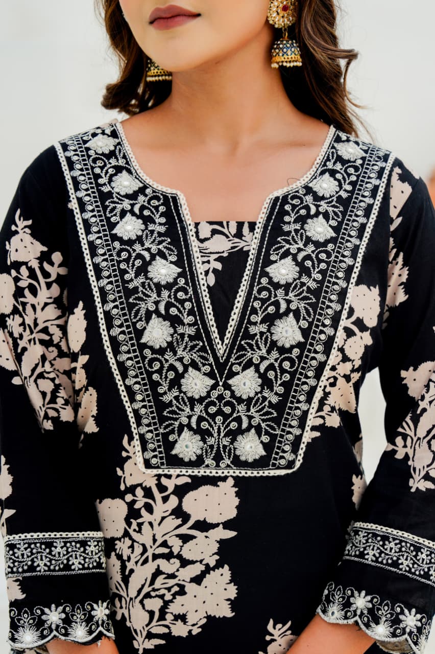 Pure Cotton Sequin Embroidered Kurti Set with Dupatta