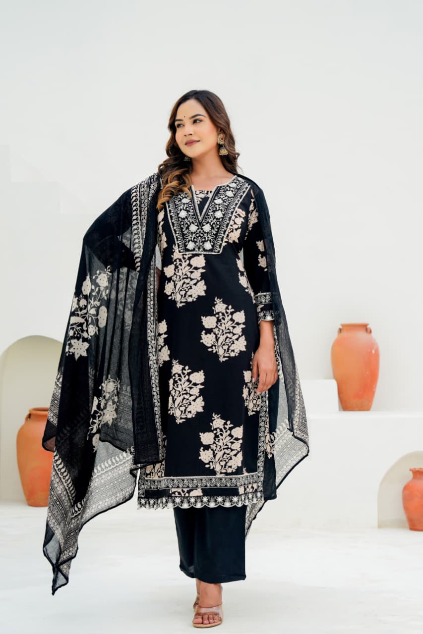 Pure Cotton Sequin Embroidered Kurti Set with Dupatta