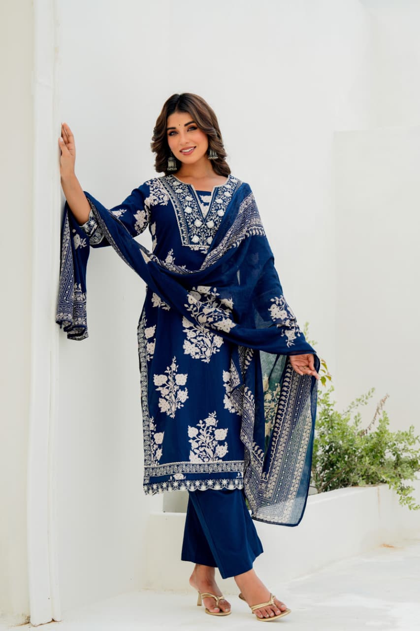 Pure Cotton Sequin Embroidered Kurti Set with Dupatta