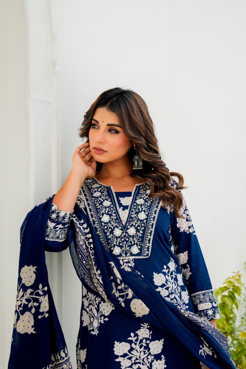 Pure Cotton Sequin Embroidered Kurti Set with Dupatta