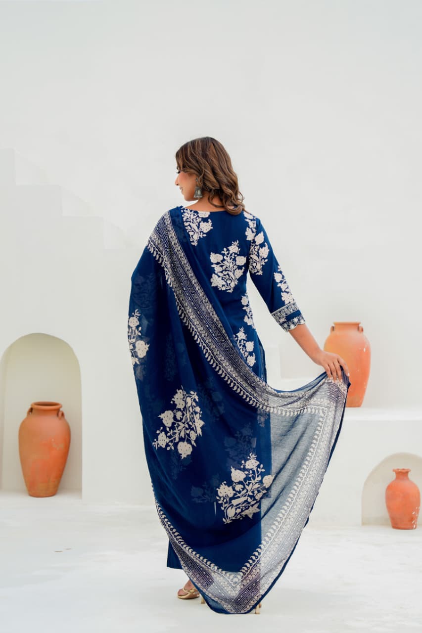 Pure Cotton Sequin Embroidered Kurti Set with Dupatta