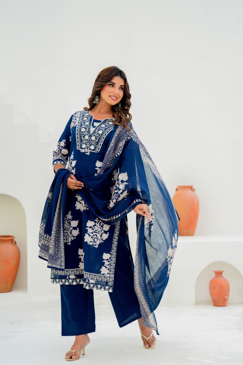 Pure Cotton Sequin Embroidered Kurti Set with Dupatta