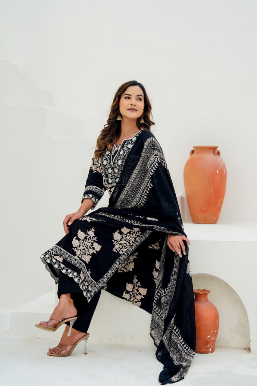 Pure Cotton Sequin Embroidered Kurti Set with Dupatta