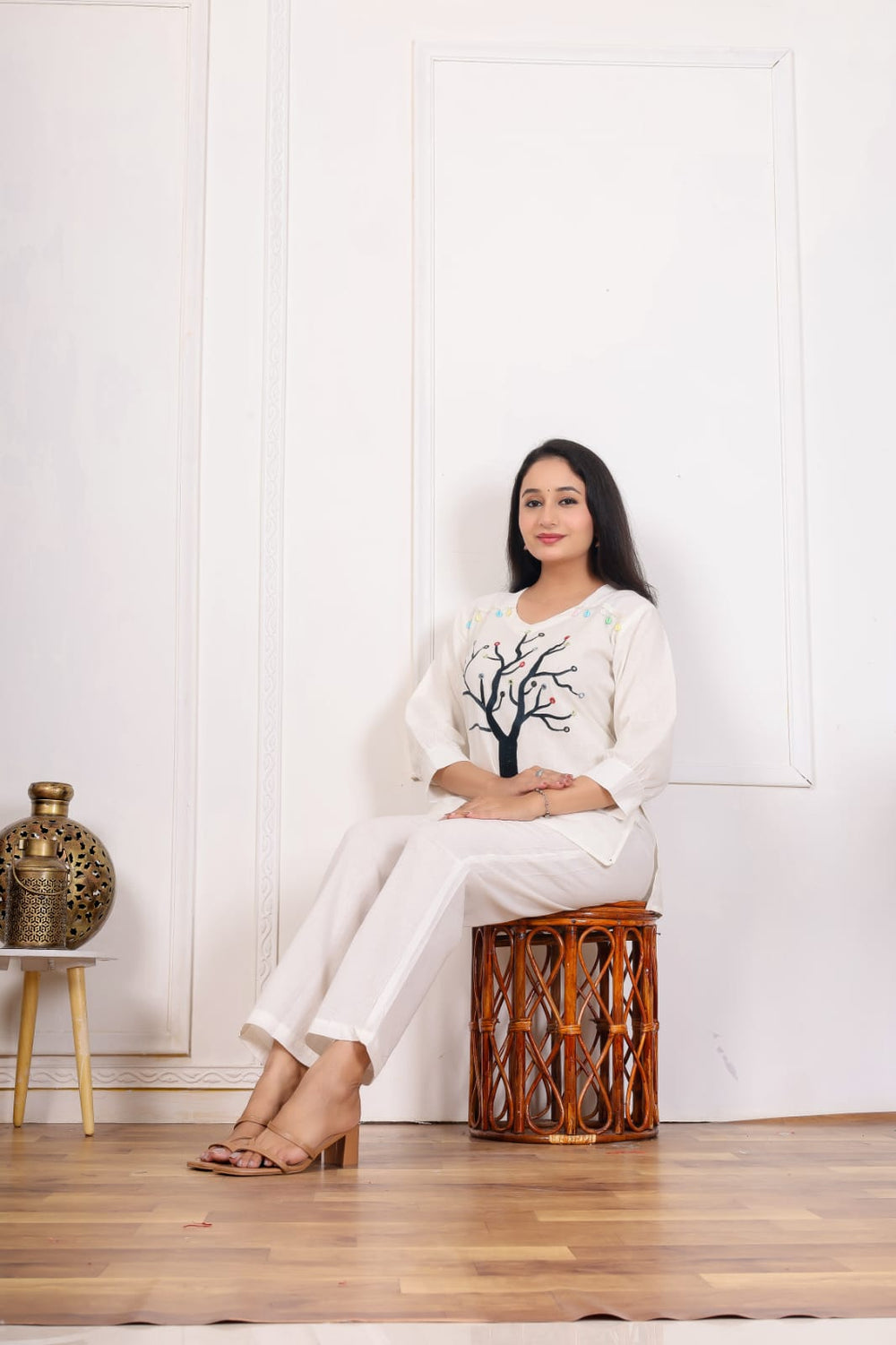 White Cotton Tree Embroidered Coord Set