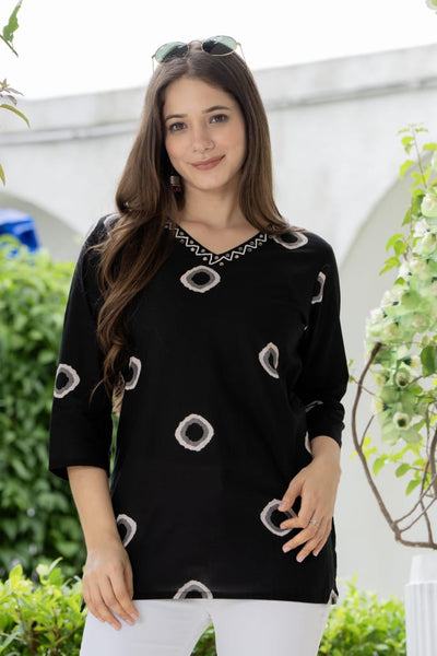 Black Cotton Geometric Print Top - Pure Cotton