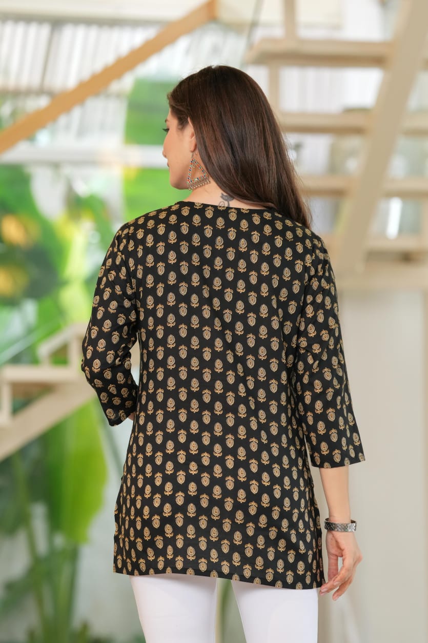 Black Cotton V-Neck Golden Paisley Print Top - Pure Cotton