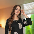 Black Cotton V-Neck White Paisley Print Top - Pure Cotton