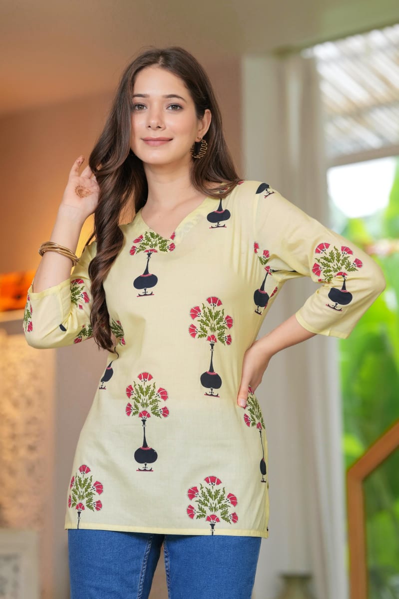 Yellow Cotton V-Neck Floral Print Top - Pure Cotton