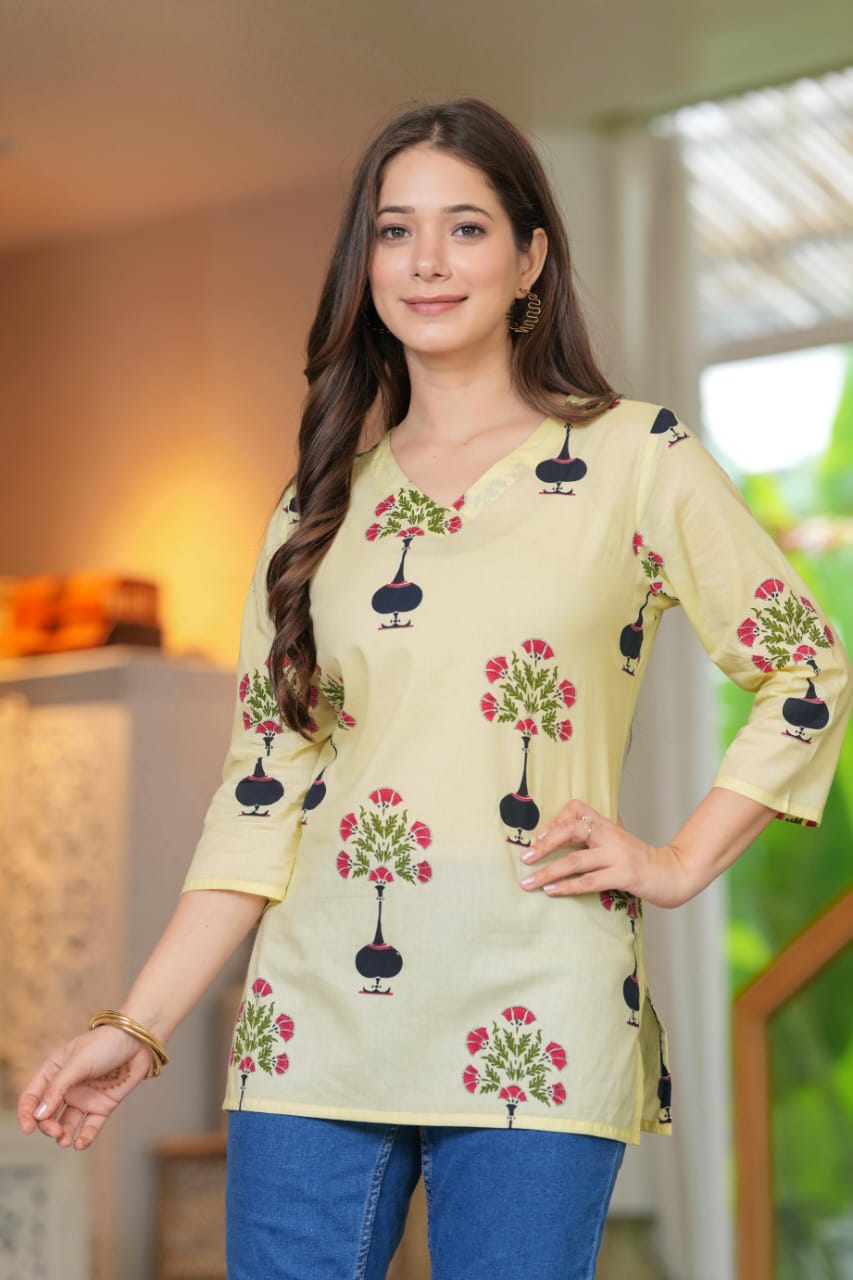 Yellow Cotton V-Neck Floral Print Top - Pure Cotton