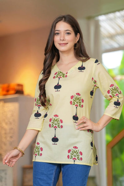 Yellow Cotton V-Neck Floral Print Top - Pure Cotton