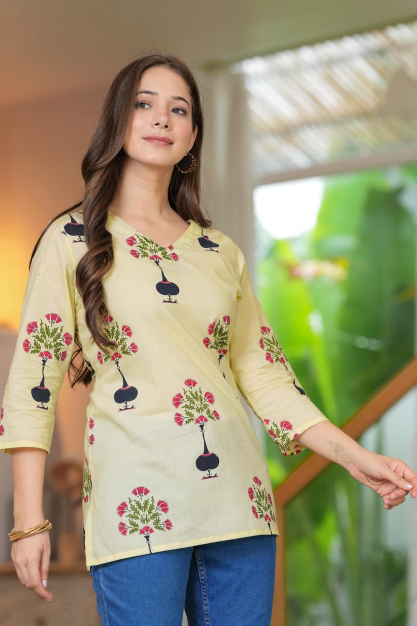 Yellow Cotton V-Neck Floral Print Top - Pure Cotton