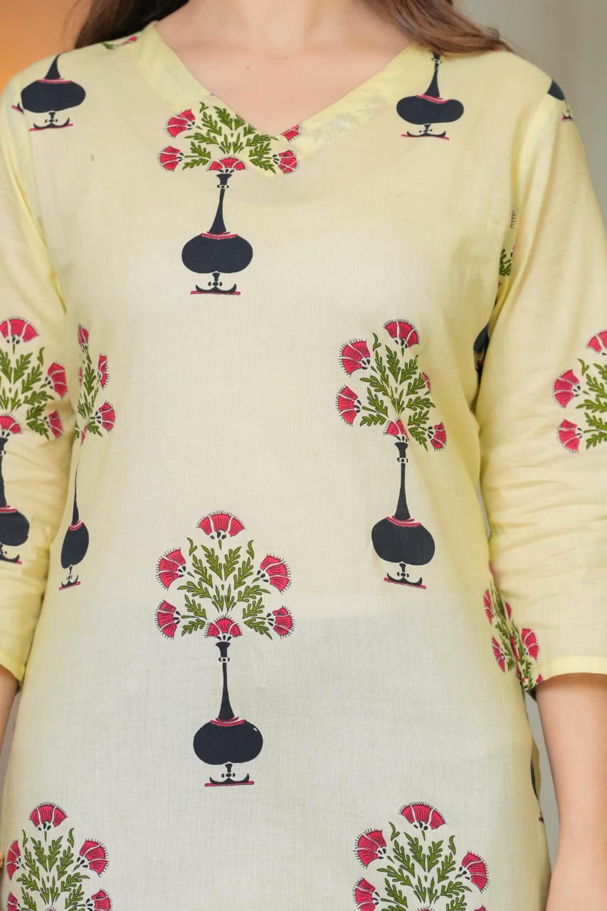 Yellow Cotton V-Neck Floral Print Top - Pure Cotton