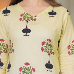 Yellow Cotton V-Neck Floral Print Top - Pure Cotton
