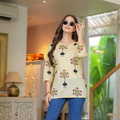 Yellow Cotton V-Neck Floral Print Top - Pure Cotton