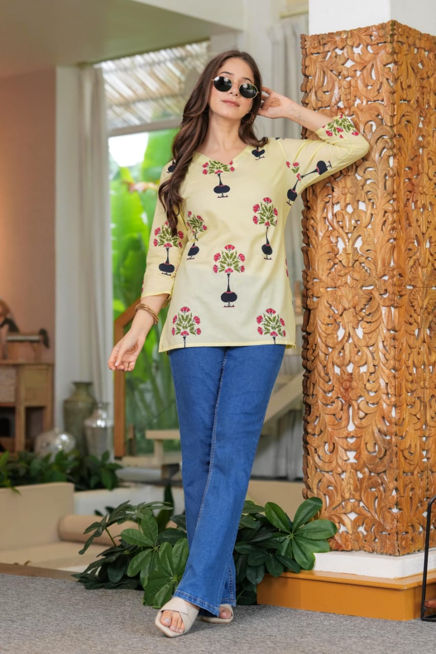 Yellow Cotton V-Neck Floral Print Top - Pure Cotton