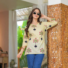 Yellow Cotton V-Neck Floral Print Top - Pure Cotton